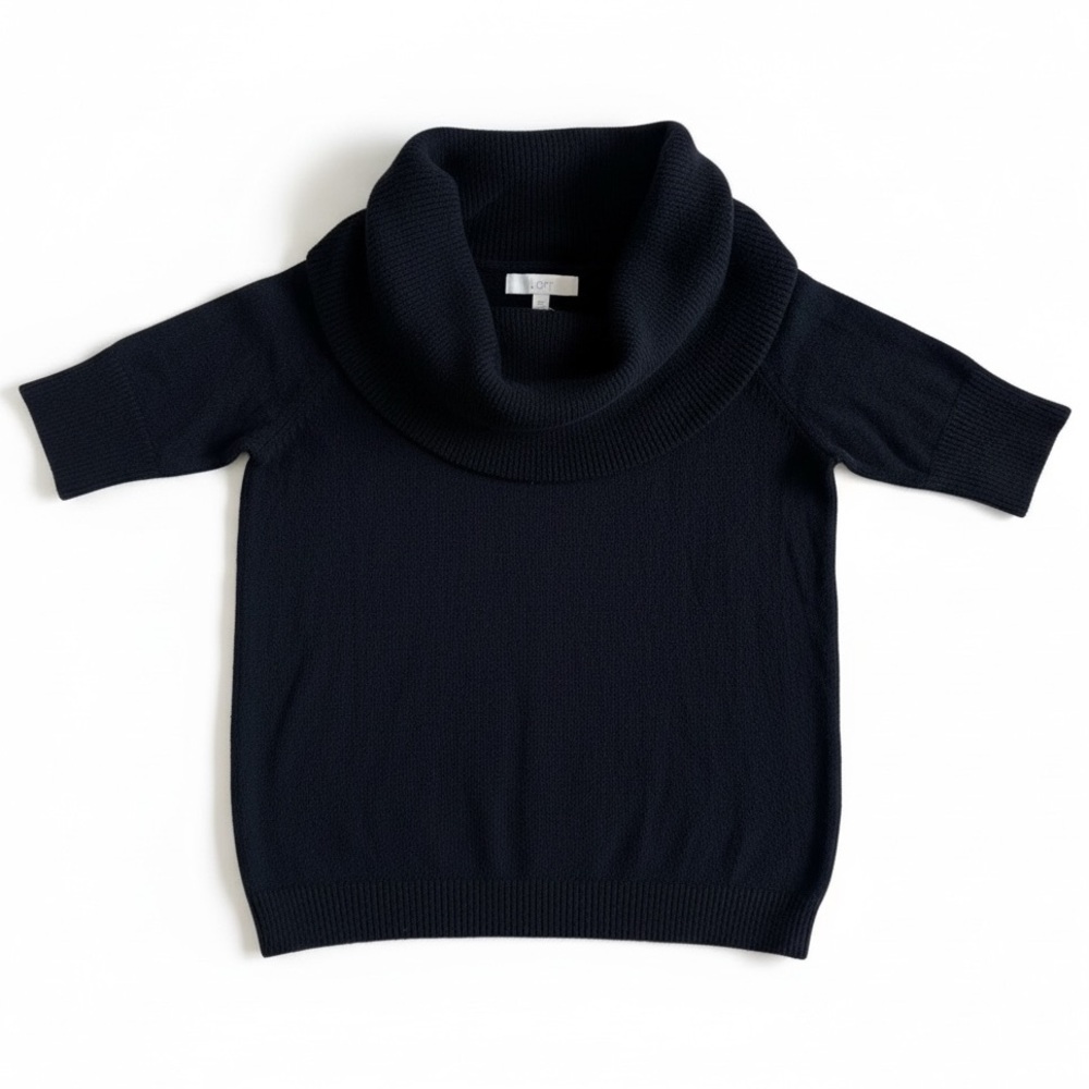 NWT Ann Taylor Loft Cowl Neck Short Sleeve Knit Sweater Minimalist Black Size L